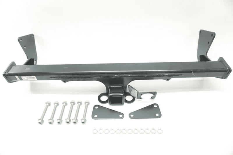 A black trailer hitch with nuts and bolts